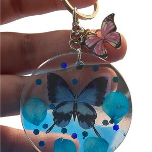 Blue Butterfly Keychain with Pink Charm